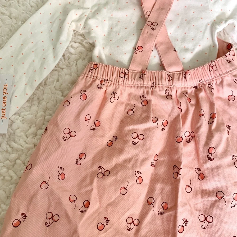 New Carters Pink Cherry 🍒 Polka Dot Patterned Pinafore Dress + Onesie 9 Months
